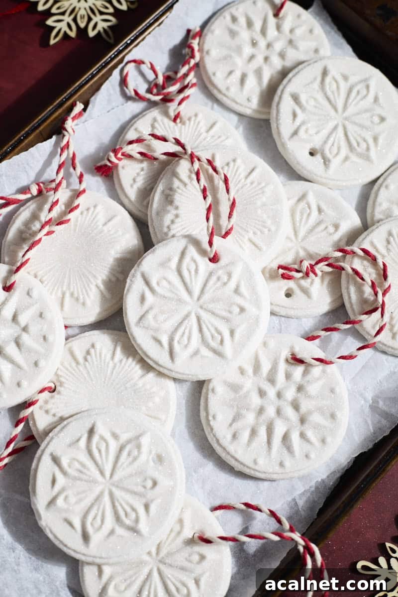 Finished Sourdough Discard Salt Dough Ornaments on a baking sheet.