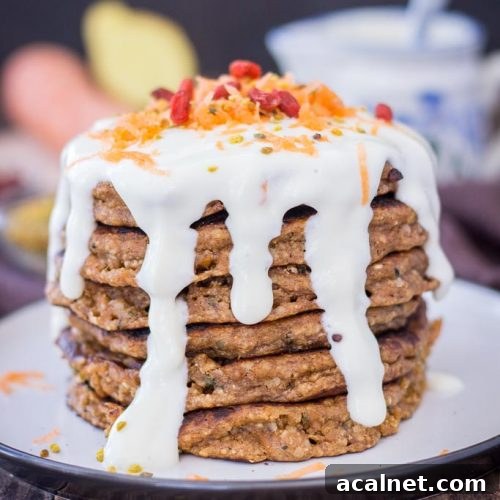 Carrot Cake Pancakes topped with Maple Cream Cheese drizzle