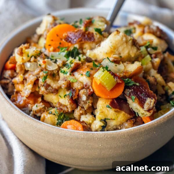 A bowl of sausage stuffing with bread cubes, sliced carrots, celery, herbs, and sausage, garnished with chopped parsley.