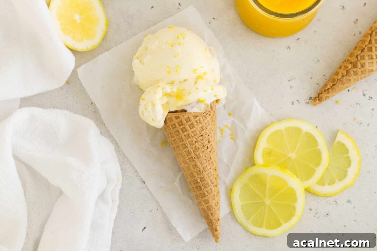 homemade lemon ice cream on a gluten-free sugar ice cream cone