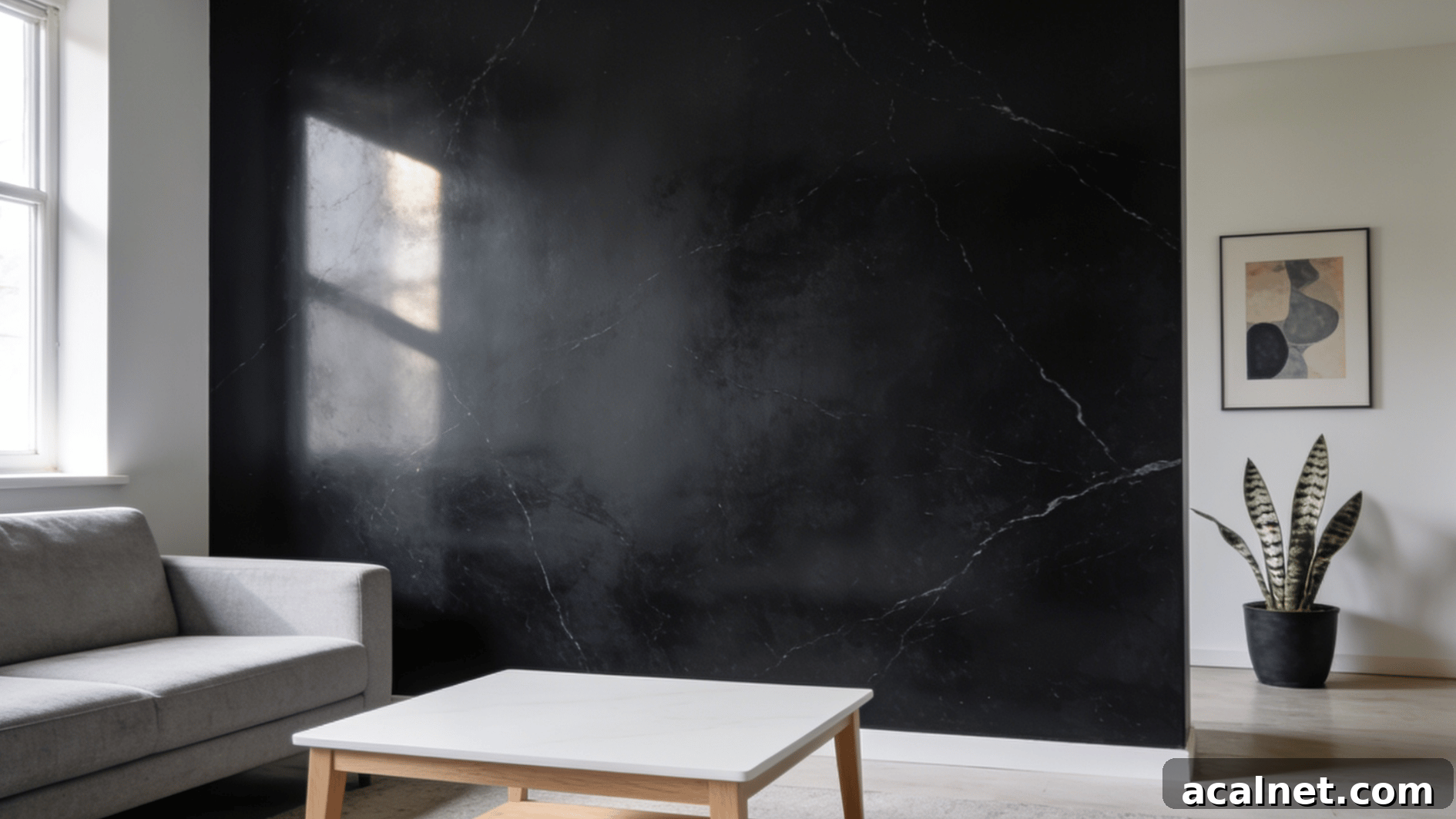onyx black painted wall in natural daylight showing deep color and subtle cool gray undertones in modern room