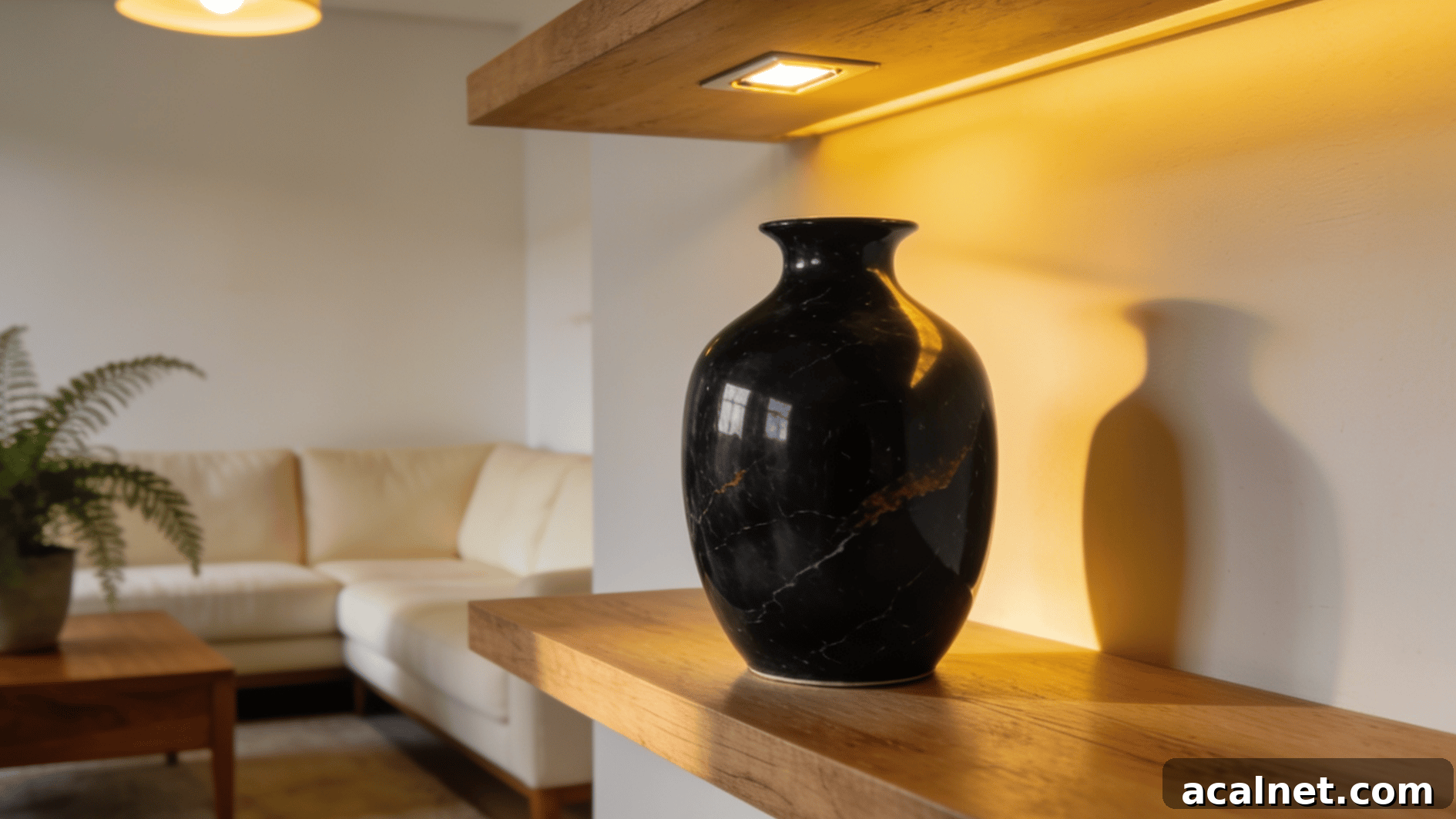 onyx black vase on wooden shelf under warm lighting showing subtle brown undertones in cozy interior setting