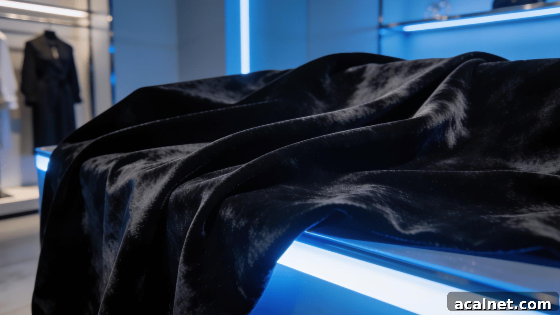 onyx black velvet fabric under cool blue led lighting showing enhanced gray undertones and luxury texture