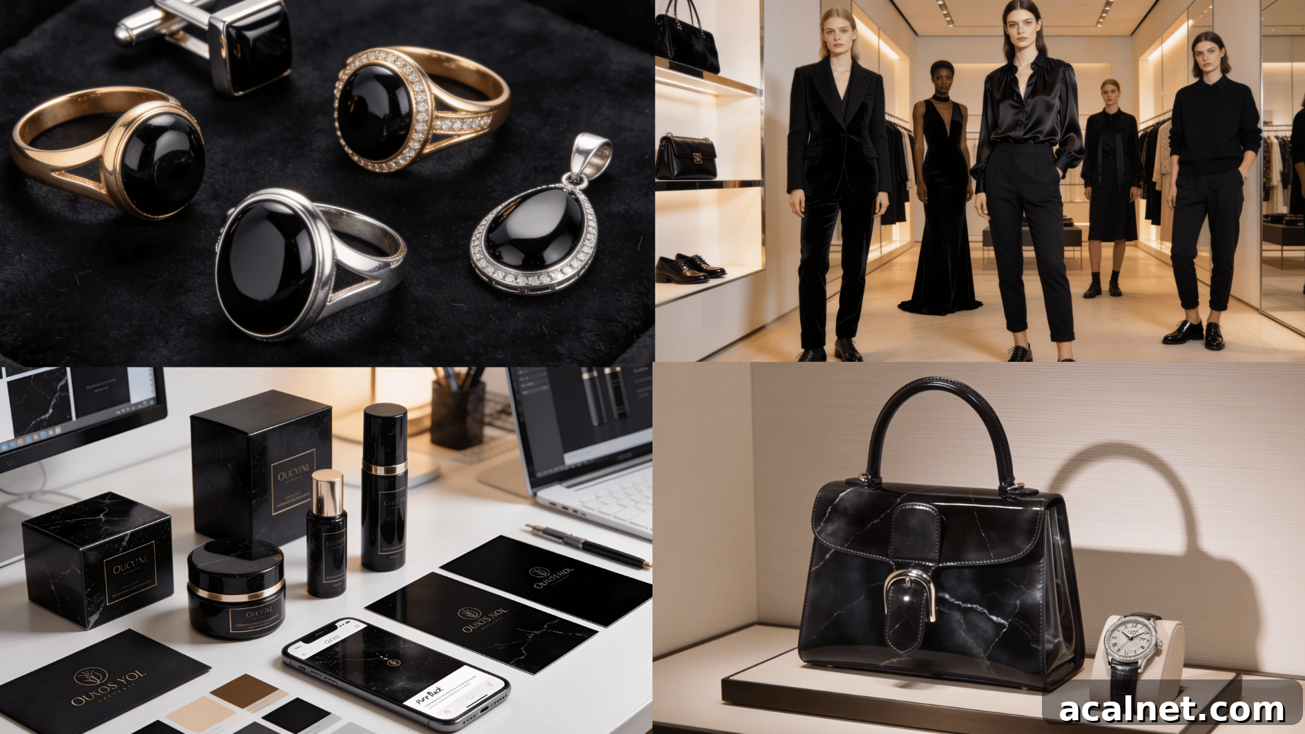 onyx color showcased through black gemstone jewelry, luxury fashion, premium branding designs, and elegant watch and handbag products