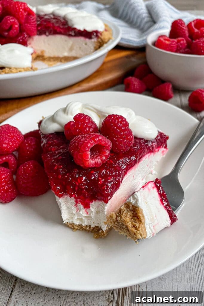 The most amazing raspberry cream pie served on a white plate with raspberries