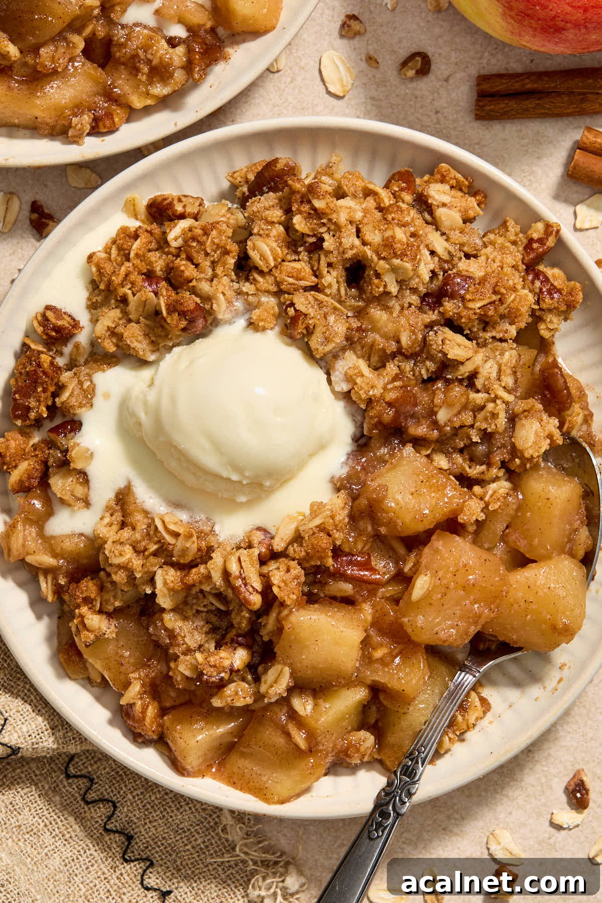 Serving of apple crisp on a plate with melted ice cream on top.
