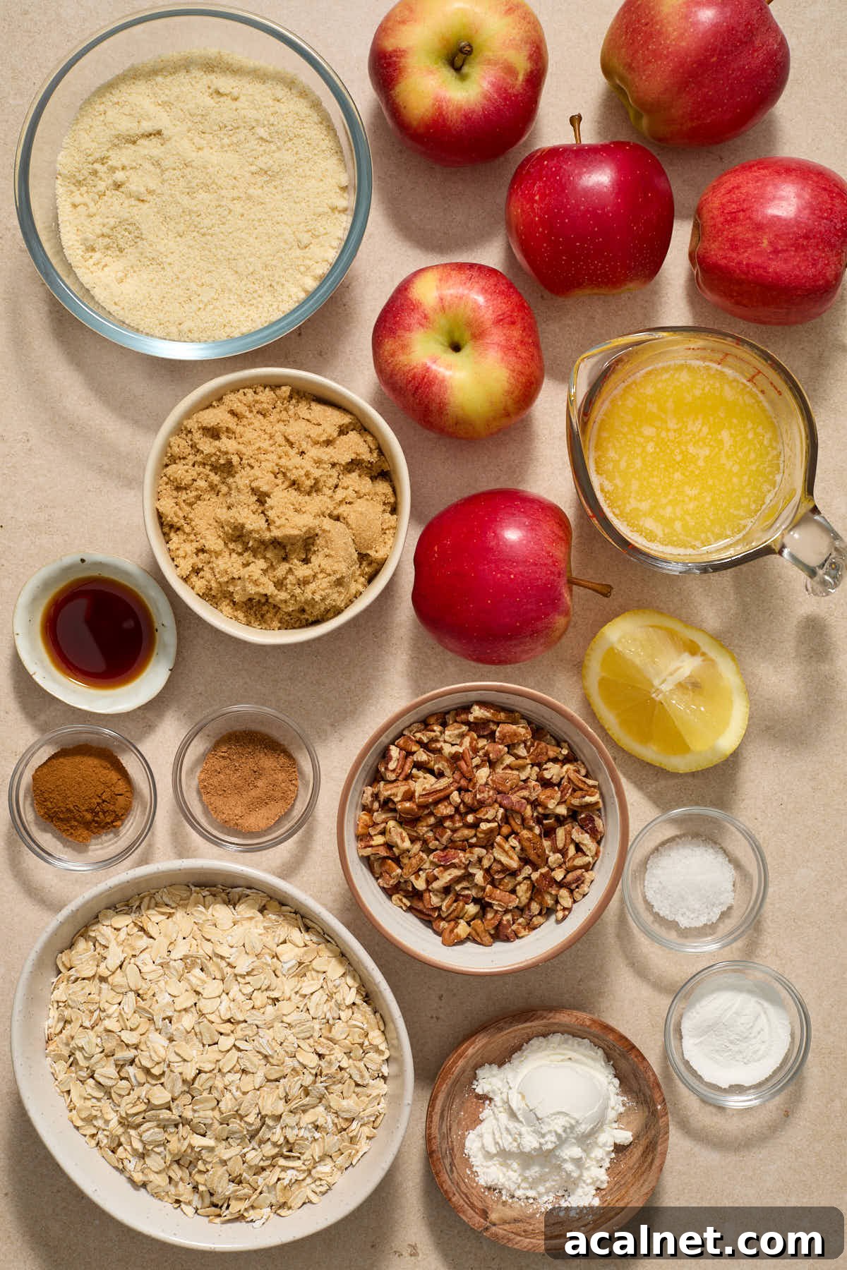 Ingredients to make apple crisp arranged individually.