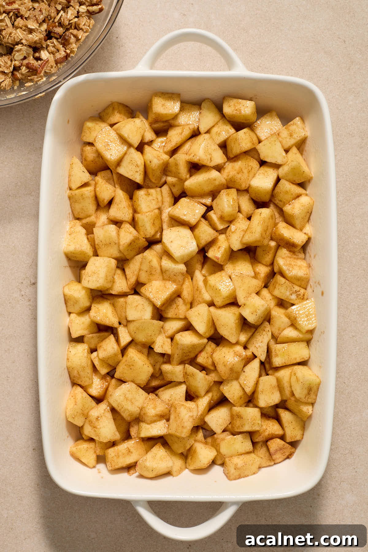 Apple filling spread out in white baking dish.