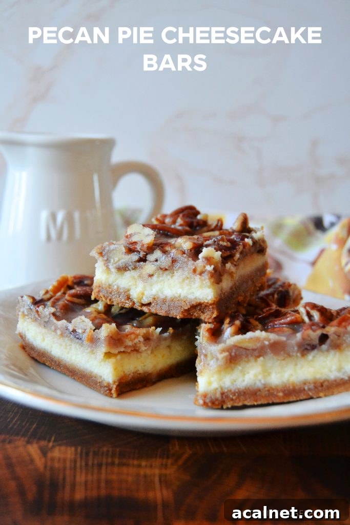 Pecan Pie Cheesecake Bars Recipe 2 a trio stack of pecan pie cheesecake bars arranged on a gold-rimmed white plate. a milk jug and floral fall-themed dish towel are in the background.