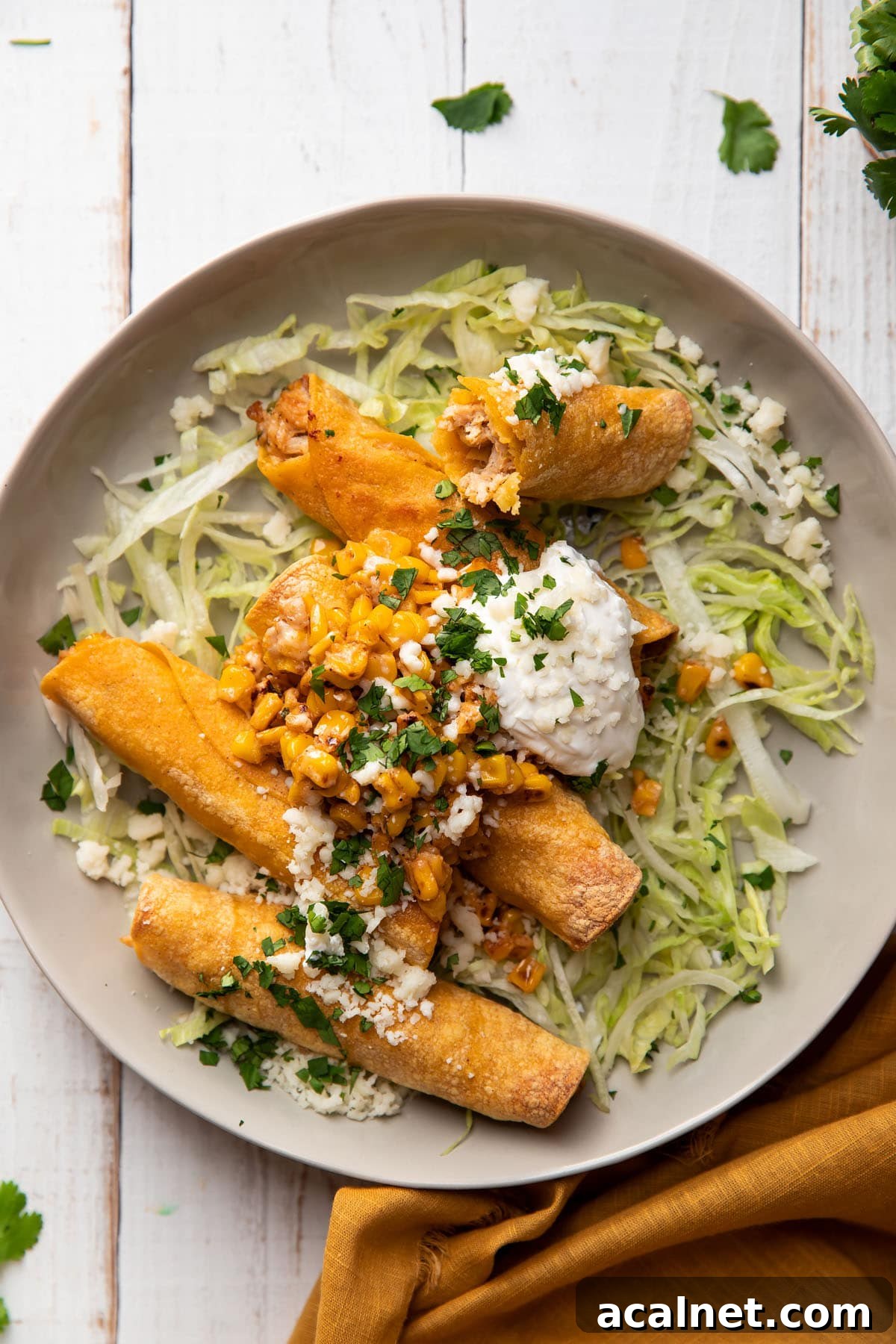 plate of taquitos filled with chicken and mexican corn served with lettuce and sour cream on top
