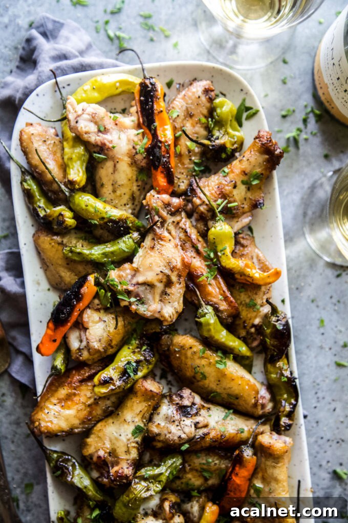 Lemon Garlic Grilled Chicken Wings with Shishito Peppers