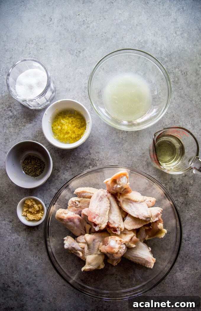 ingredients used to make Lemon Garlic Grilled Chicken Wings with Shishito Peppers - garlic, lemon juice, lemon zest, chicken wings