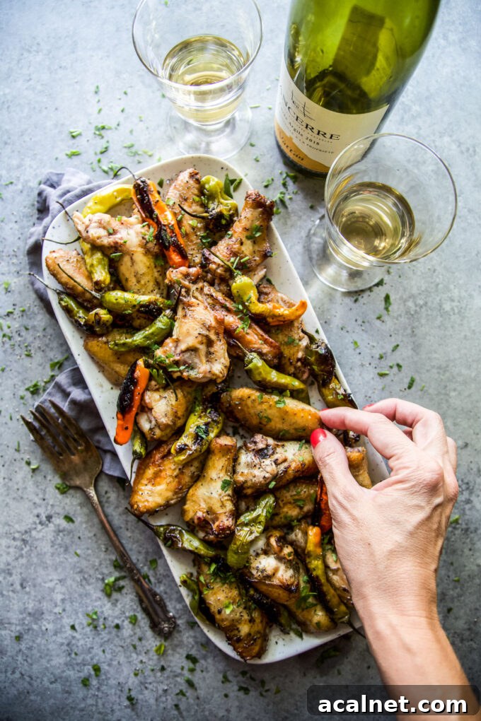 Lemon Garlic Grilled Chicken Wings with Shishito Peppers