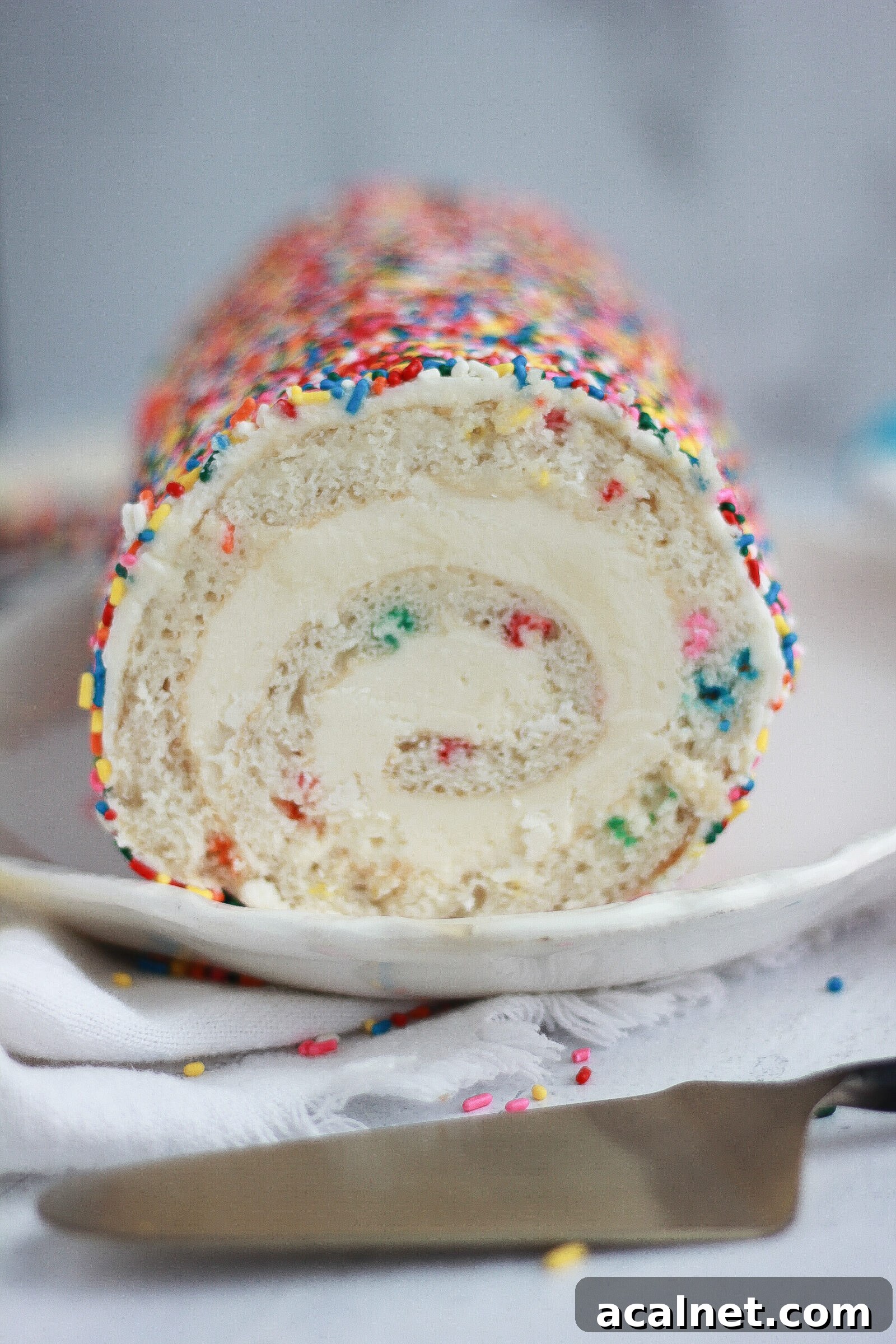 Funfetti roll cake on a counter