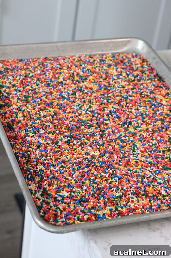Coating cake in sprinkles