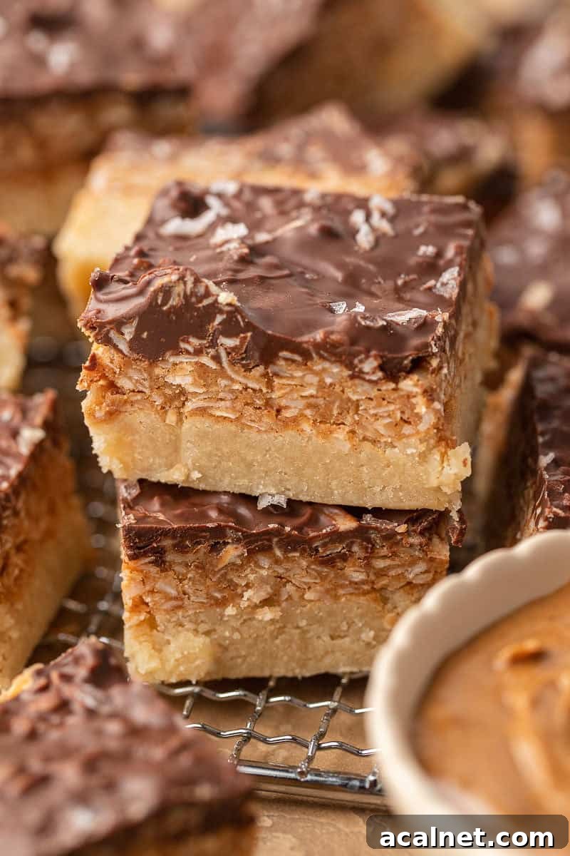 Healthy Samoa Bars stacked on cooling rack