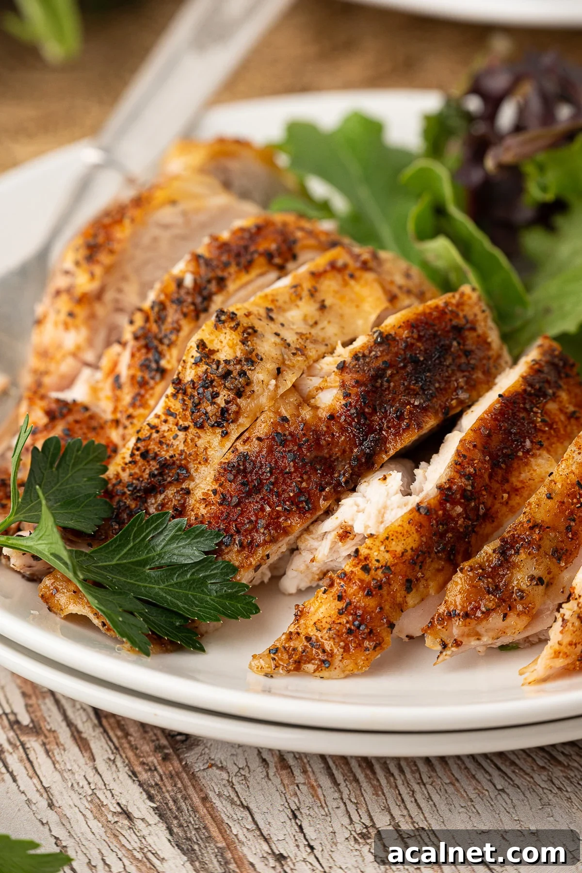 Golden brown oven-roasted bone-in split chicken breasts garnished with fresh herbs sliced on a dinner plate.
