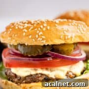A juicy venison burger piled with onion, cheese, and pickles