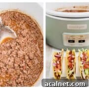 An image of the meat for the venison tacos in the slow cooker, and the finished tacos beside the slow cooker.