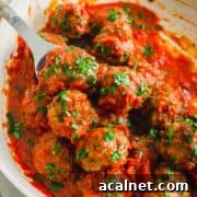A large serving bowl filled with venison meatballs garnished with chopped parsley.