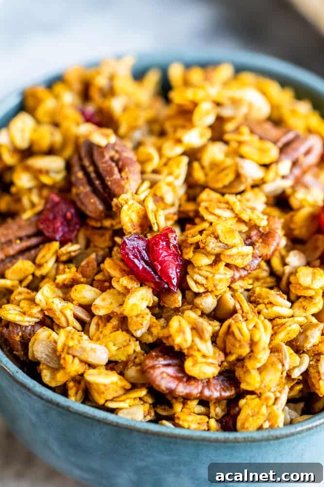 Close up of granola in blue bowl.