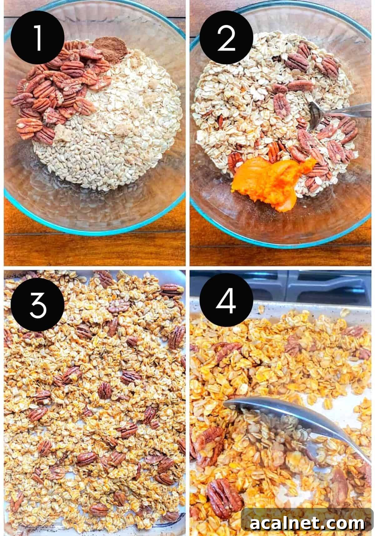 Four prep image collage showing granola being prepped and cooked.