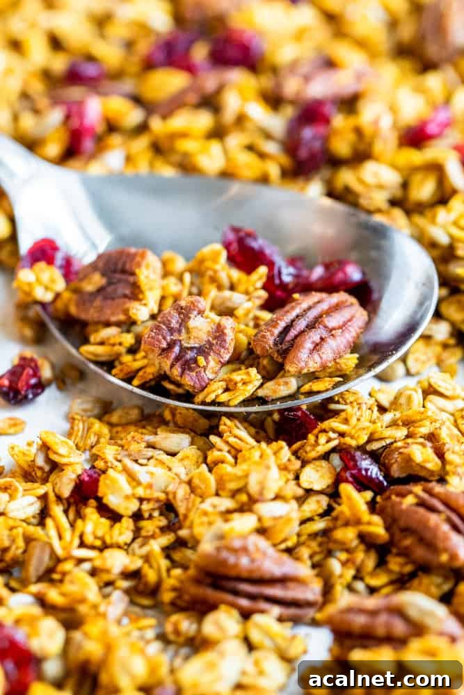 Close up show of silver spoon scooping granola.
