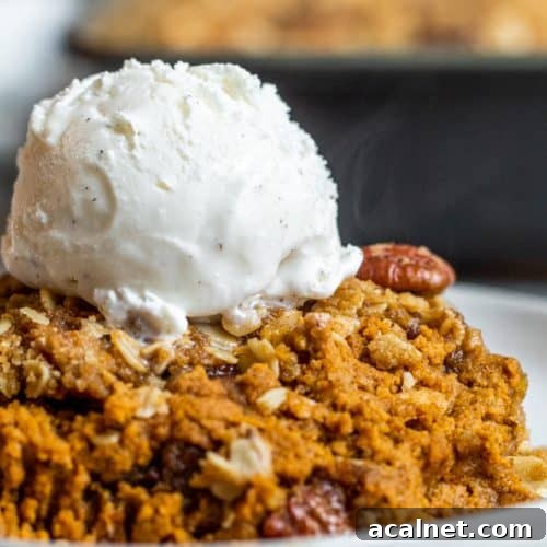 Strait on shot of pumpkin crisp on a white plate.