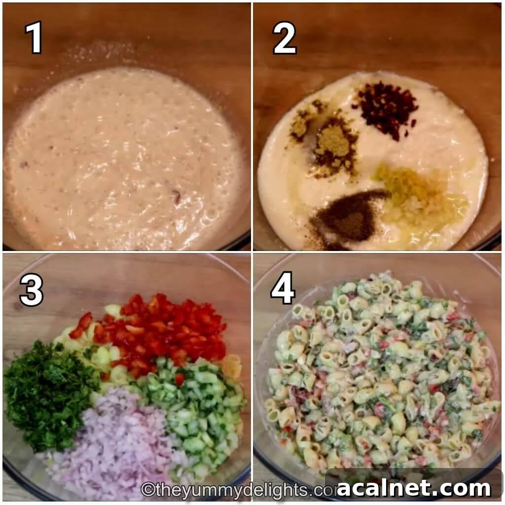 image of 4 steps showing how to make creamy macaroni salad.