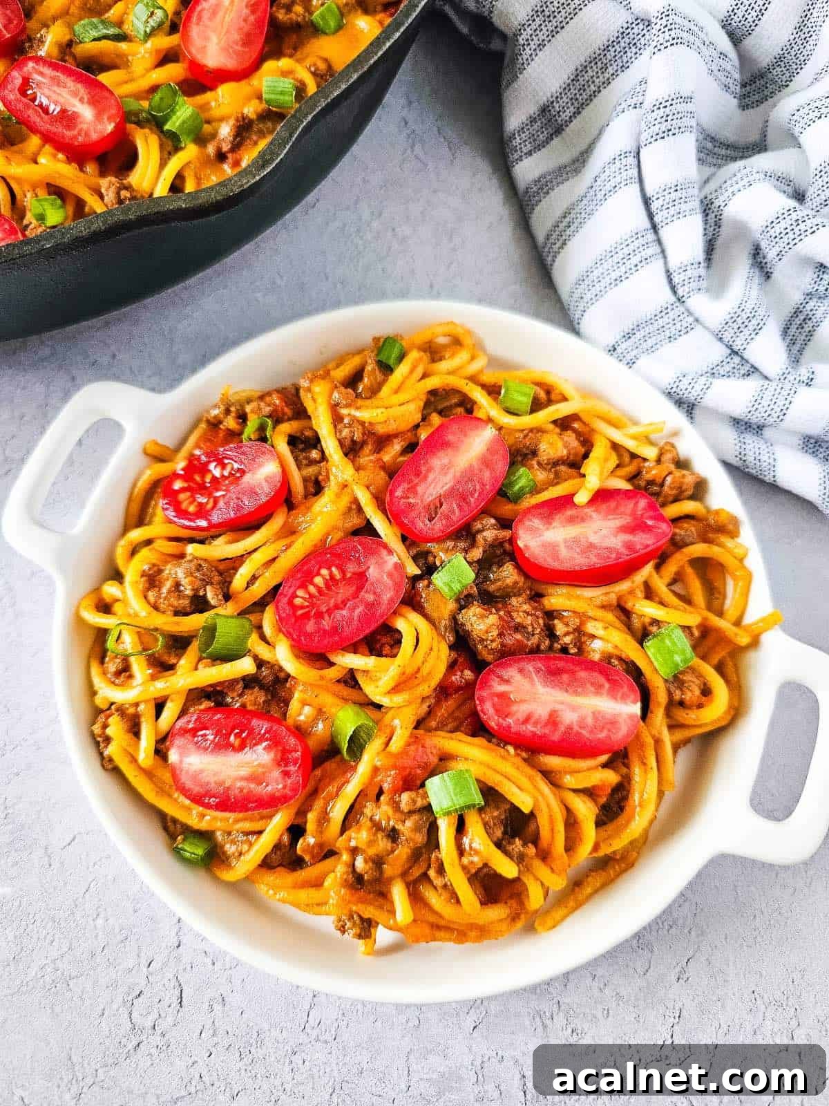 Taco Spaghetti in white bowl