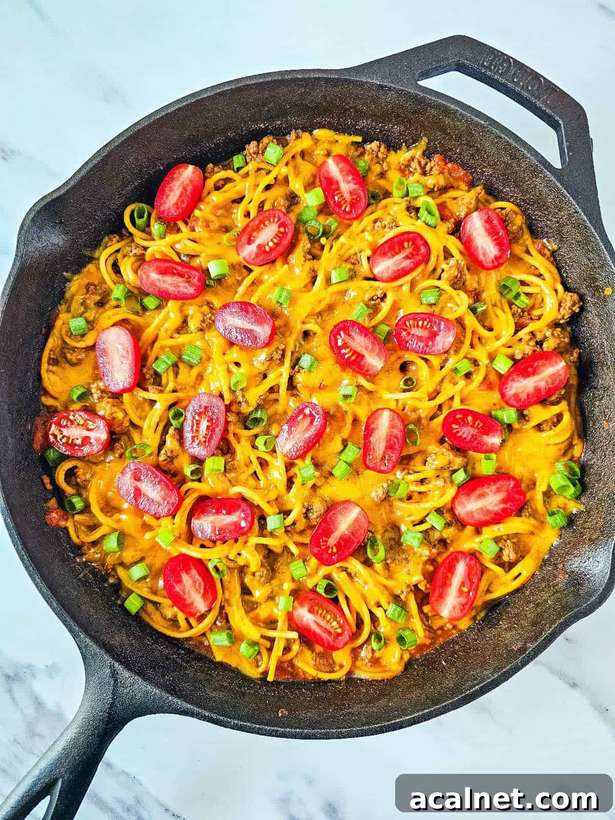 Taco Spaghetti In cast iron skillet