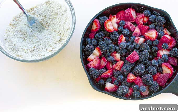 prep pictures of uncooked triple berry crisp