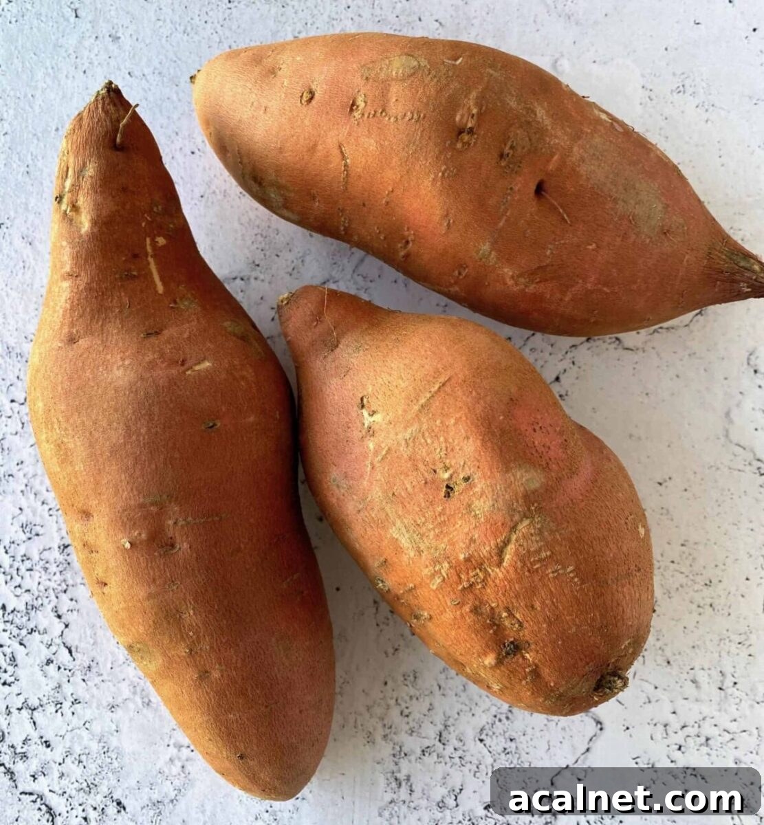 Three unpeeled sweet potatoes on a counter